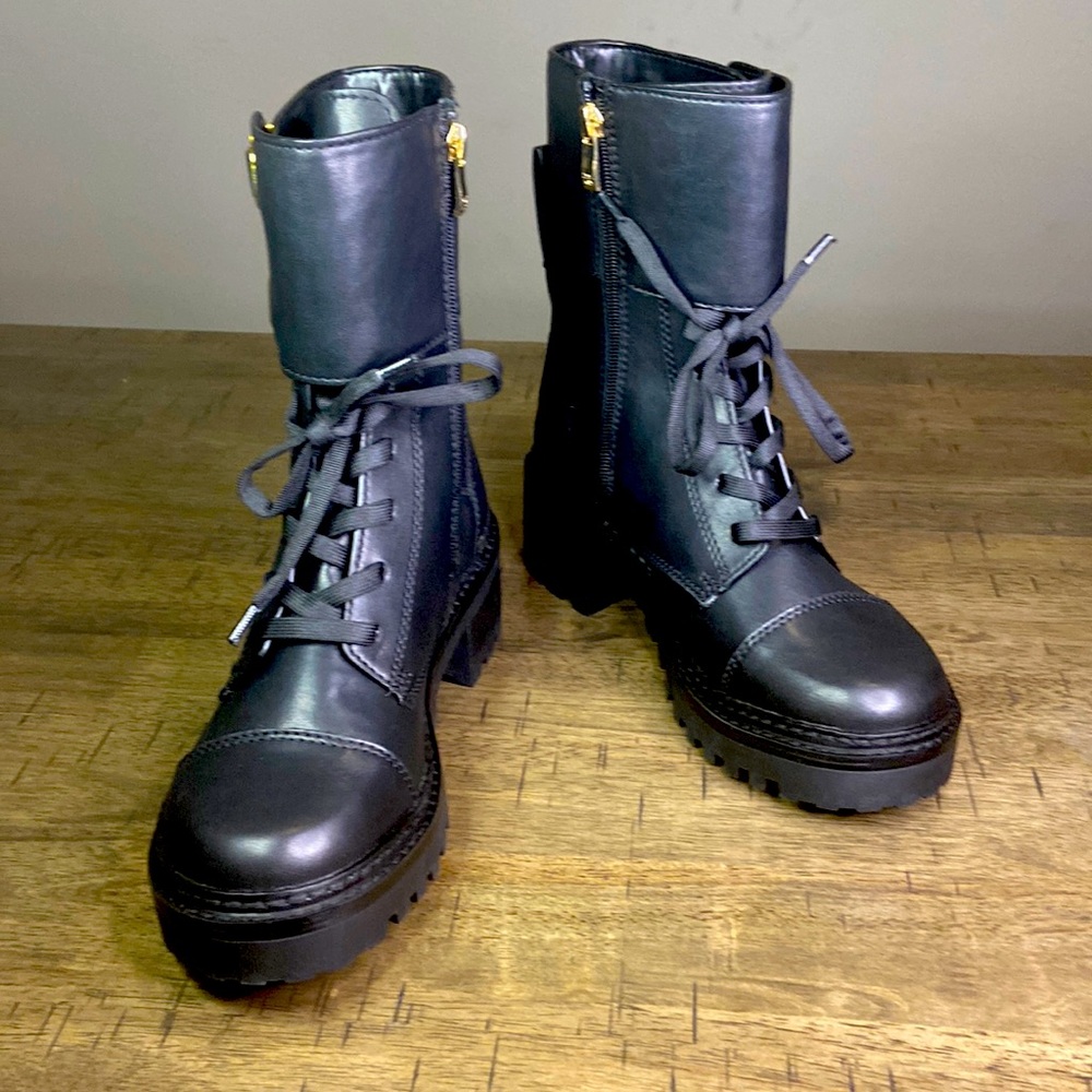 BART Combat boots with buckle and lace up ankle. By DKNY.